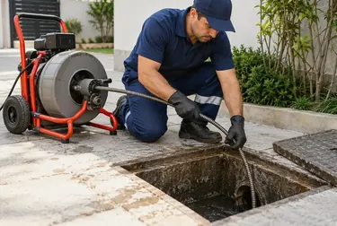Equipe desentupindo esgoto com uma máquina moderna.