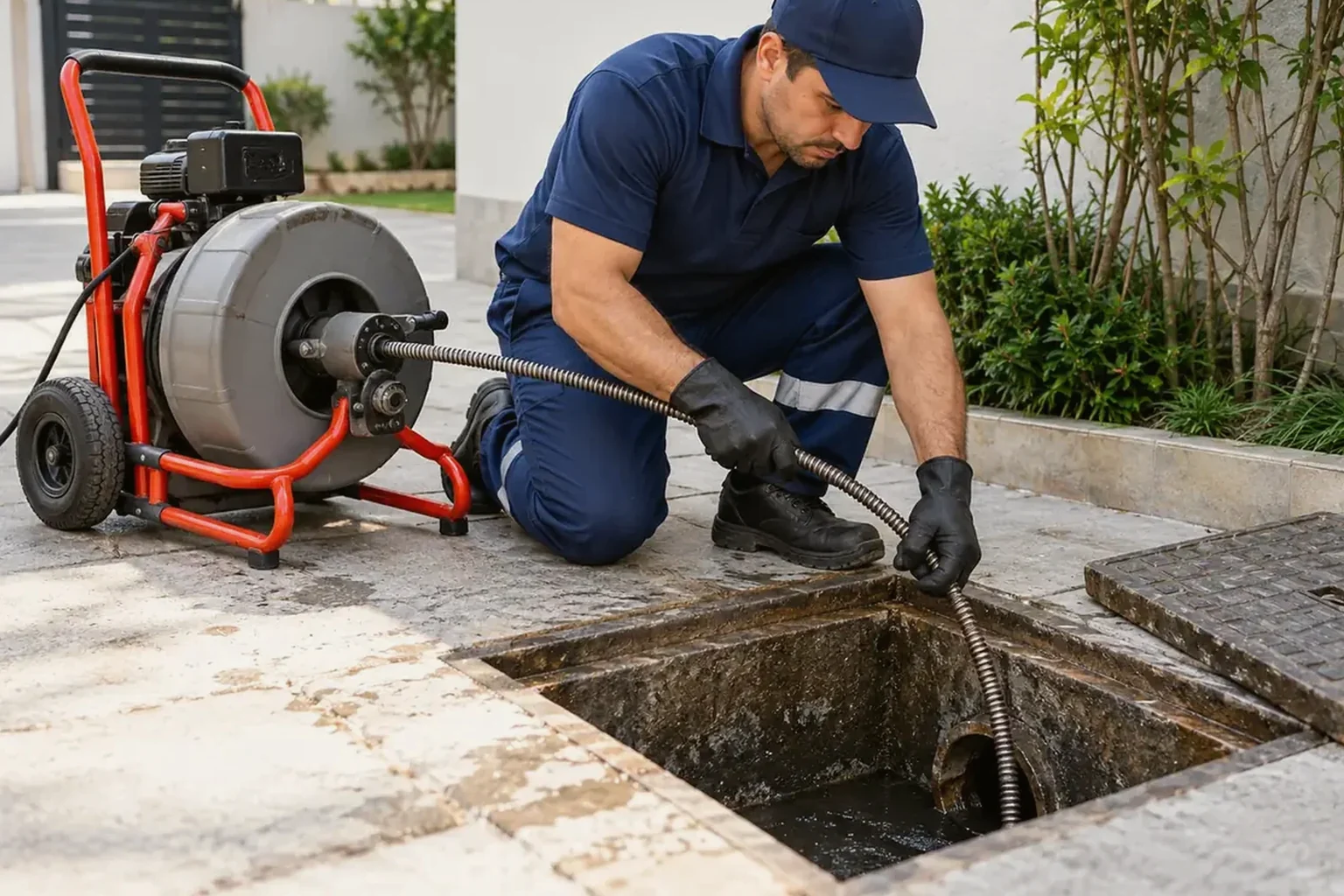 Equipe desentupindo esgoto com uma máquina moderna.