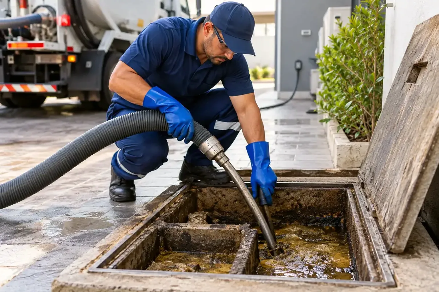 Equipe limpando caixas de gordura em uma instalação comercial.