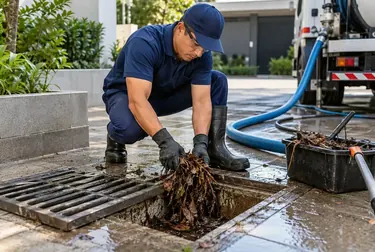 Profissionais desentupindo uma rede pluvial após chuva.