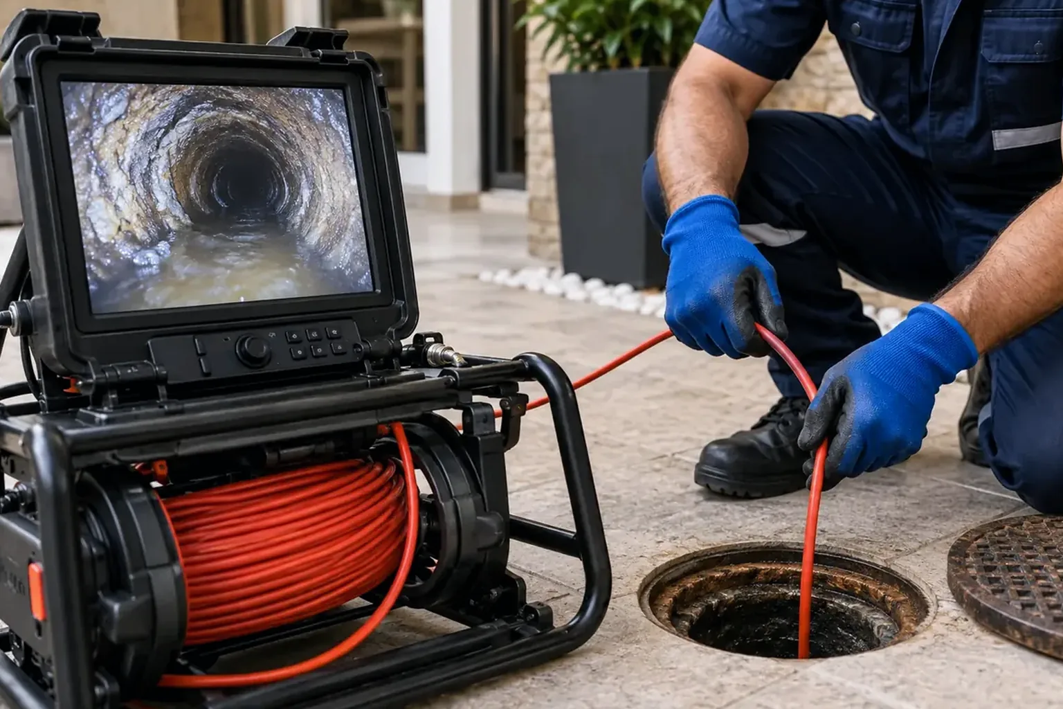 Técnico inspecionando tubulações com câmera especial.