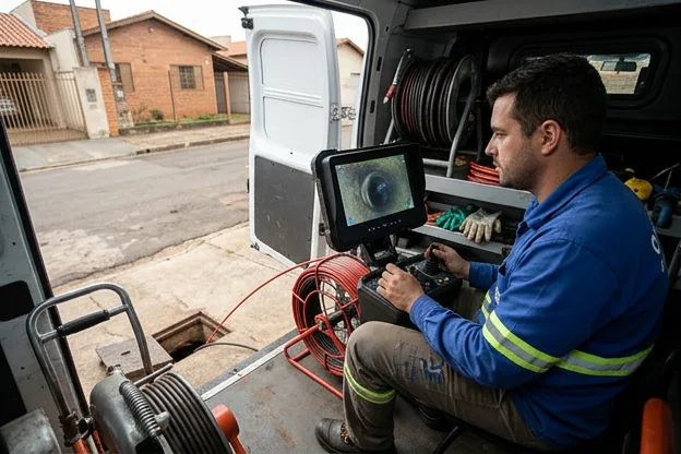 Técnico observando a imagem da inspeção de tubulações em monitor.