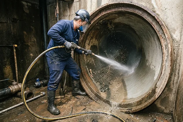 Técnico utilizando hidrojateamento durante limpeza de tubulações.