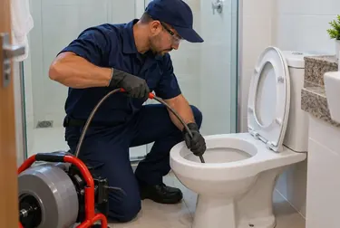 Técnicos desentupindo vaso sanitário de maneira eficiente.