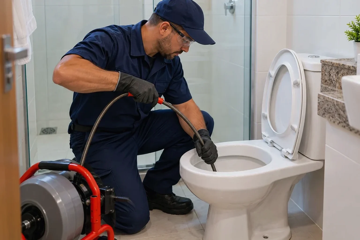 Técnicos desentupindo vaso sanitário de maneira eficiente.